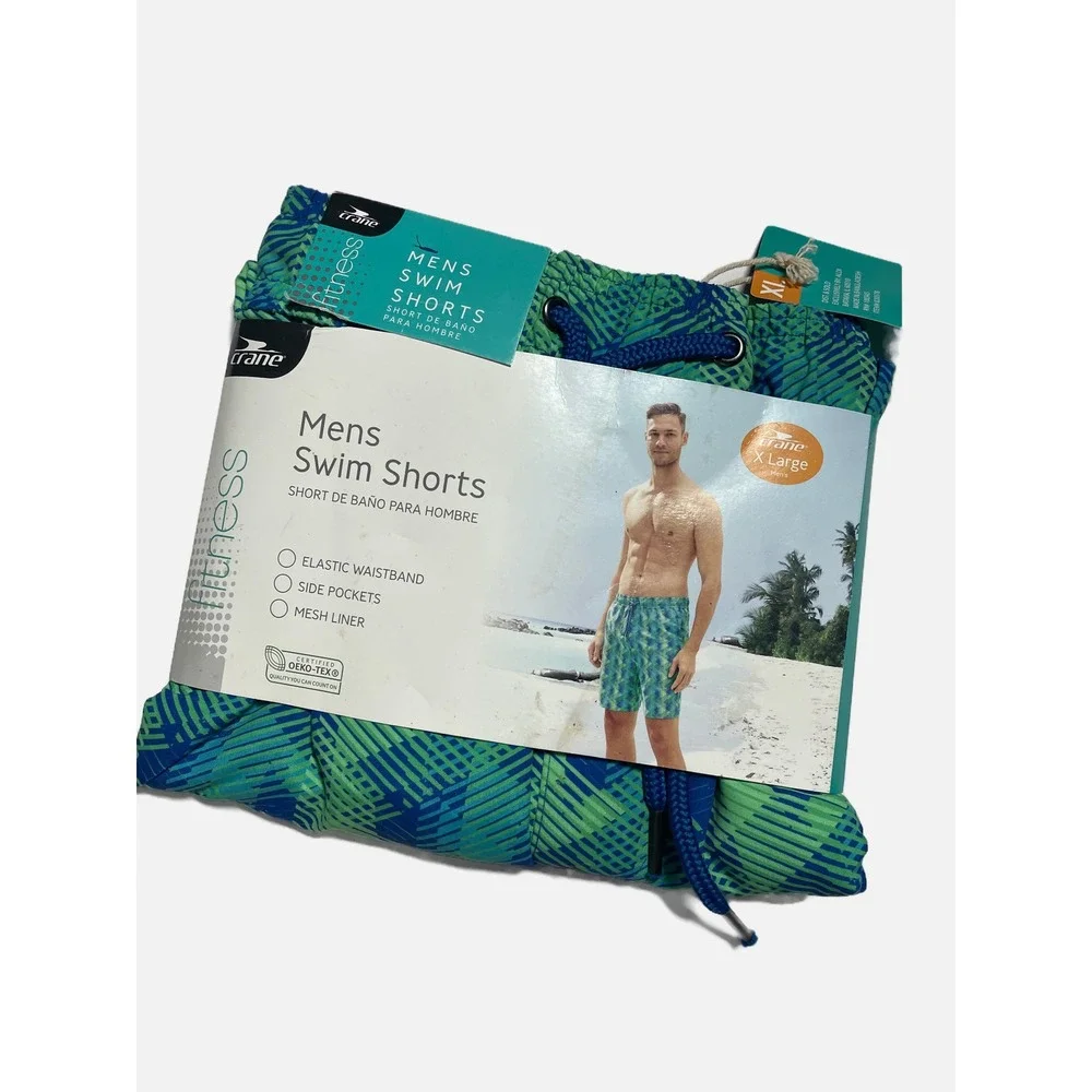 Crane Swim Shorts Mens XL Green Blue Geometric Mesh Liner Pockets Beach Trunks